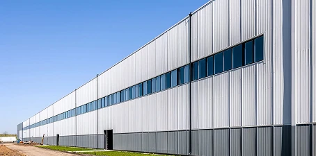 Exterior of a large metal industrial building with long gray siding panels and continuous strip windows under a blue sky.