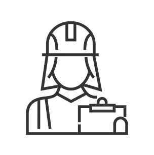 Technician icon of a person in a hardhat with a clipboard.