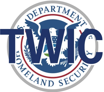 US Department of Homeland Security badge with the acronym TWIC on top of the badge.